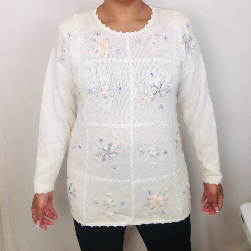 VINTAGE 90s Floral Pearls Grandmacore Cottagecore Cottage Knit Long Sleeve Top